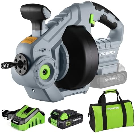 WORKPRO 25 Ft Electric Drain Auger Cordless 20AH Battery Effortless Drainage