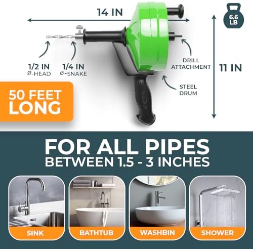 50FT Drain Snake Real DIY Drain Unblocker