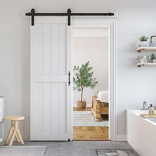 SmartStandard 30 x 84 inch White Sliding Barn Door with Hardware Kit and Handle