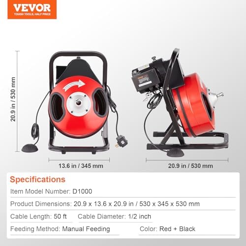 VEVOR 50FTx12Inch Drain Cleaner Machine