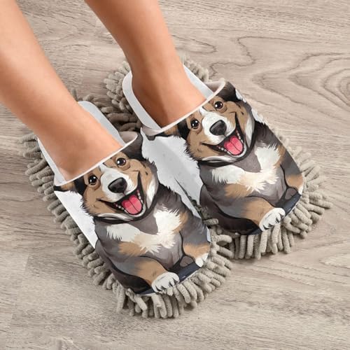 Mop in Style No Mess Required - White Corgi Mop Slippers - Safe for Floors Easy to Use