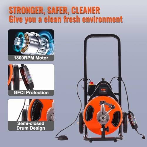 Effortless Drain Cleaning VEVOR 100FT x 38 Drain Auger with 4 Cutters for 2-4 Pipes
