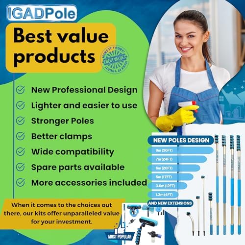 Up-to-26ft Extension Window Squeegee Pole Microfiber Cloths Adjustable Blade Best for High Low Windows