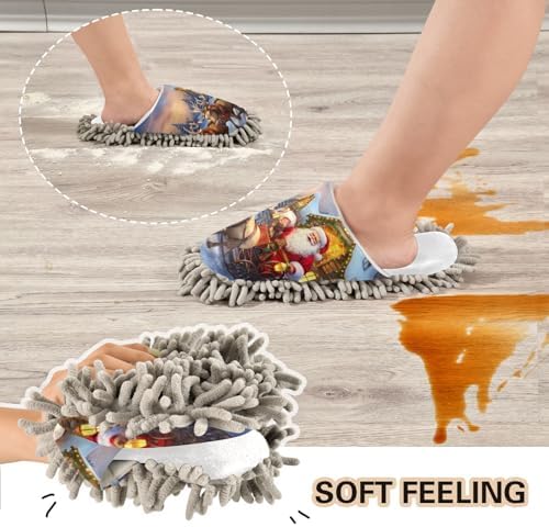 White Christmas Santa Riding Reindeer Mop Slippers