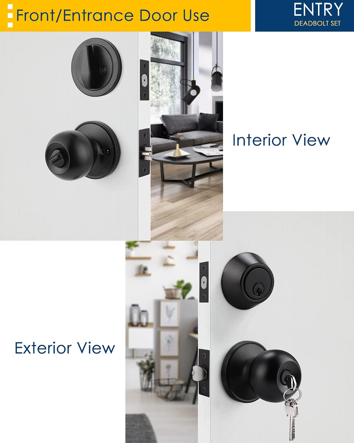 4-Piece Exterior Door Lock Set with 4 Knobs and 4 Deadbolts Flat Black Keyed Alike