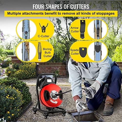 50FT Steel Core Electric Drain Auger 4 Cutters 1-4-inch Pipedges