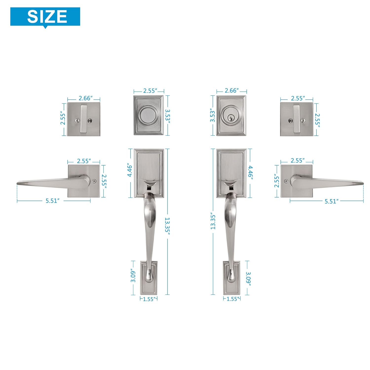 Double Door Lock Set Entry Door Lock Set Curved Straight Handles Satin Nickel Finish