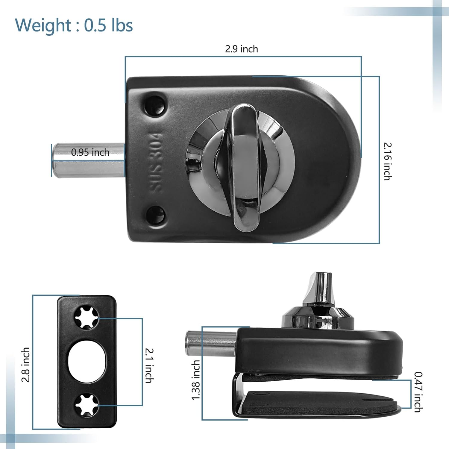 Secure Glass Door Lock - 039-047 Thick Black B105 No Drill Anti-Corrosion