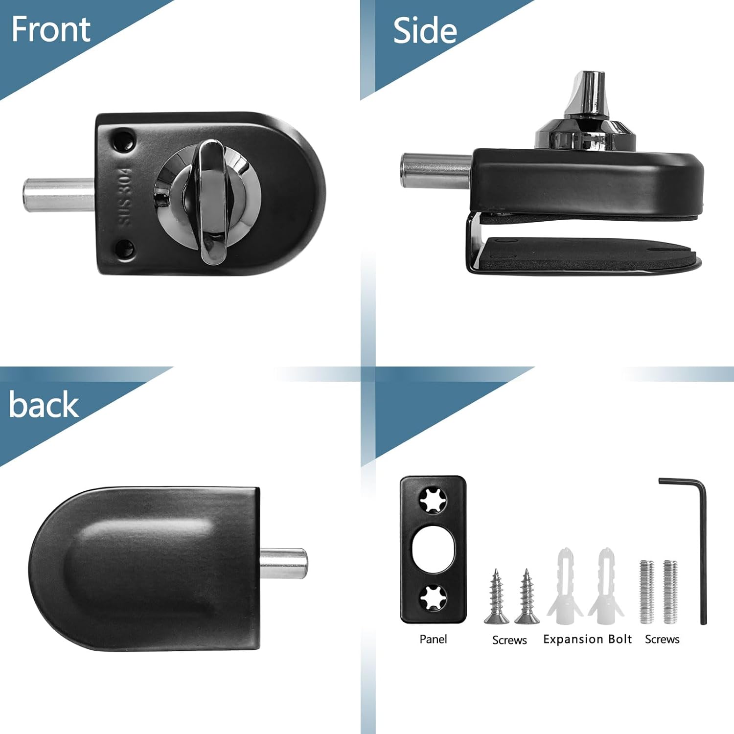 Secure Glass Door Lock - 039-047 Thick Black B105 No Drill Anti-Corrosion