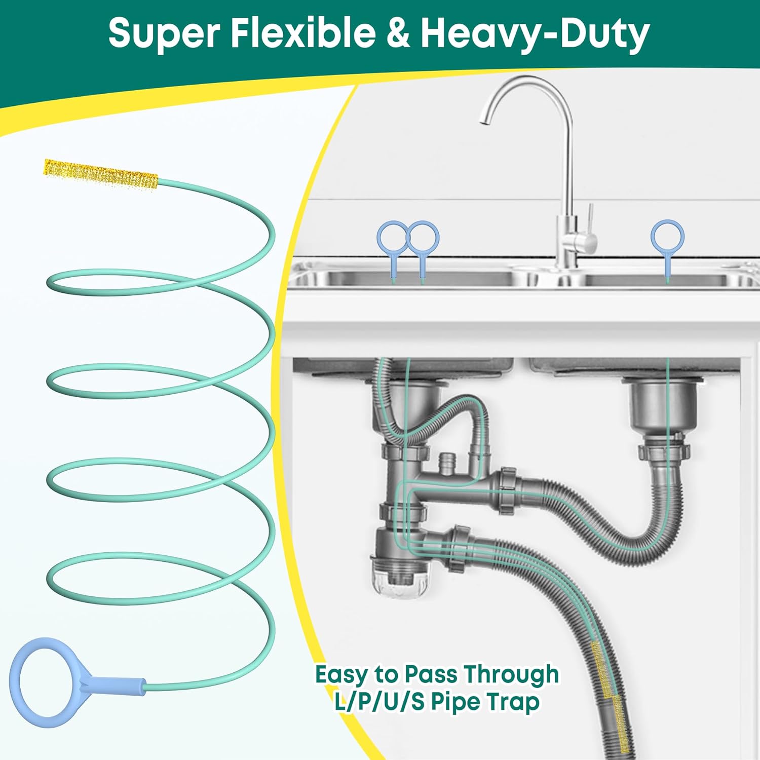 Kellys Collection 5-Piece Drain Snake Set 50-Inch Unbreakable Hair Debris Remover for Bath Shower Kitchen Pipes