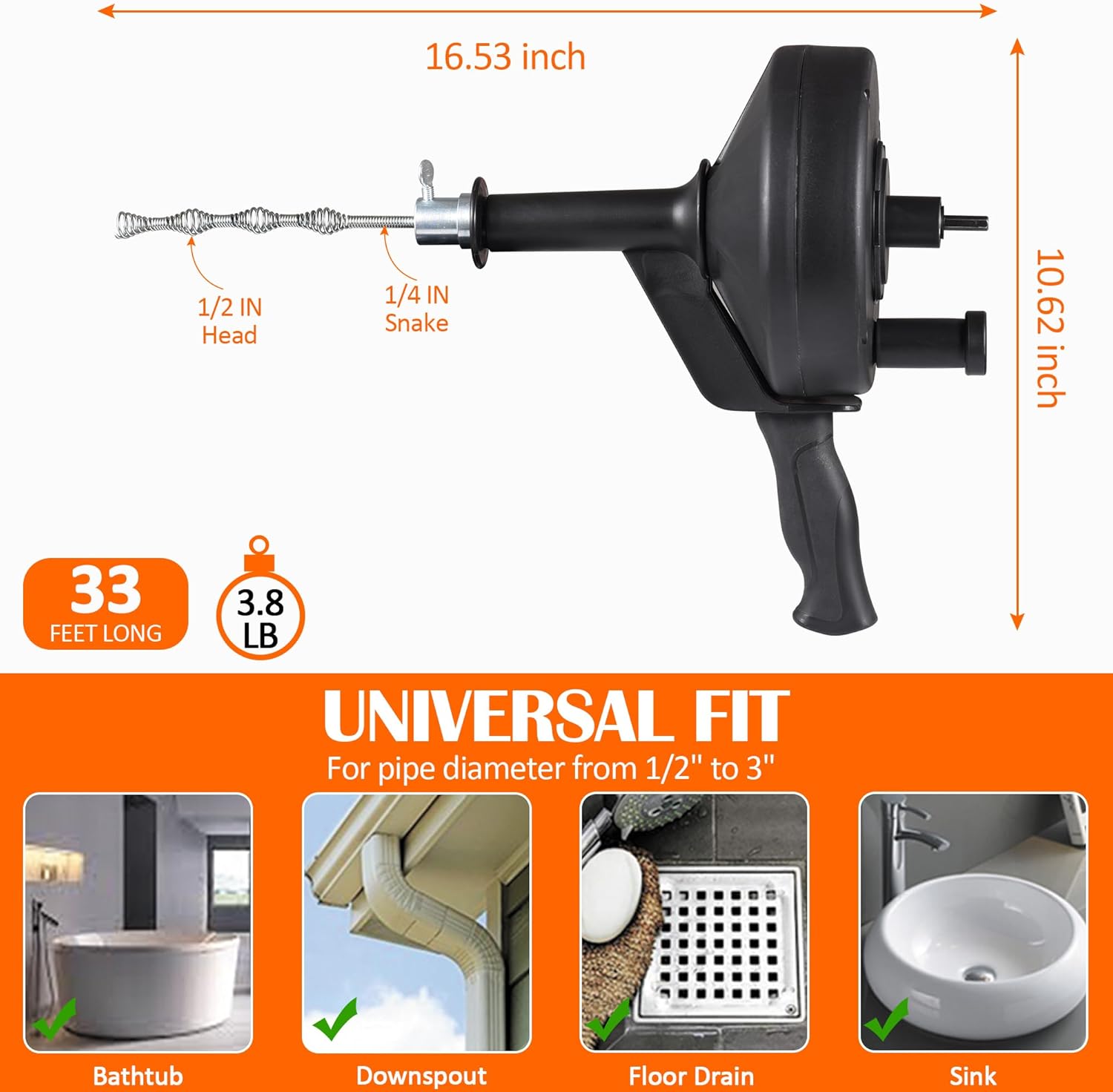 Professional Drain Snag Eco-Friendly 33ft Spring Steel Drain Auger for Home Commercial Use