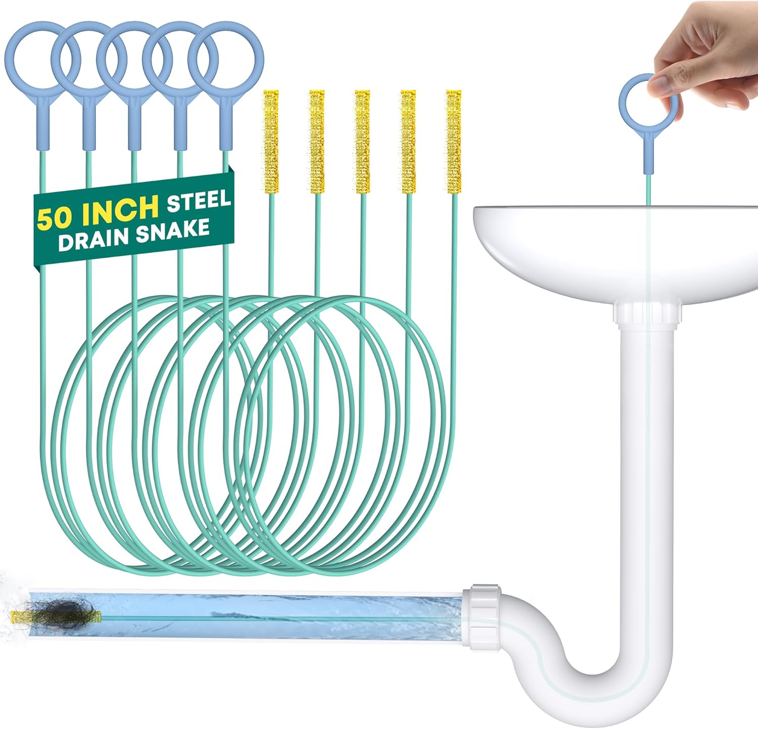 Kellys Collection 5-Piece Drain Snake Set 50-Inch Unbreakable Hair Debris Remover for Bath Shower Kitchen Pipes