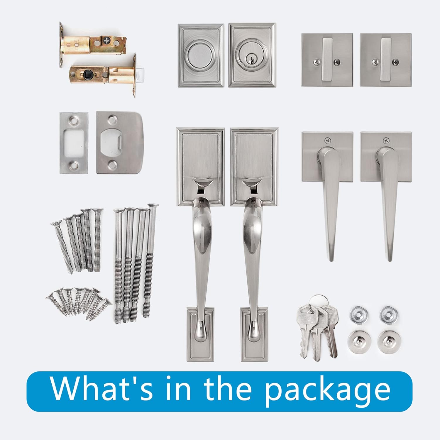 Double Door Lock Set Entry Door Lock Set Curved Straight Handles Satin Nickel Finish