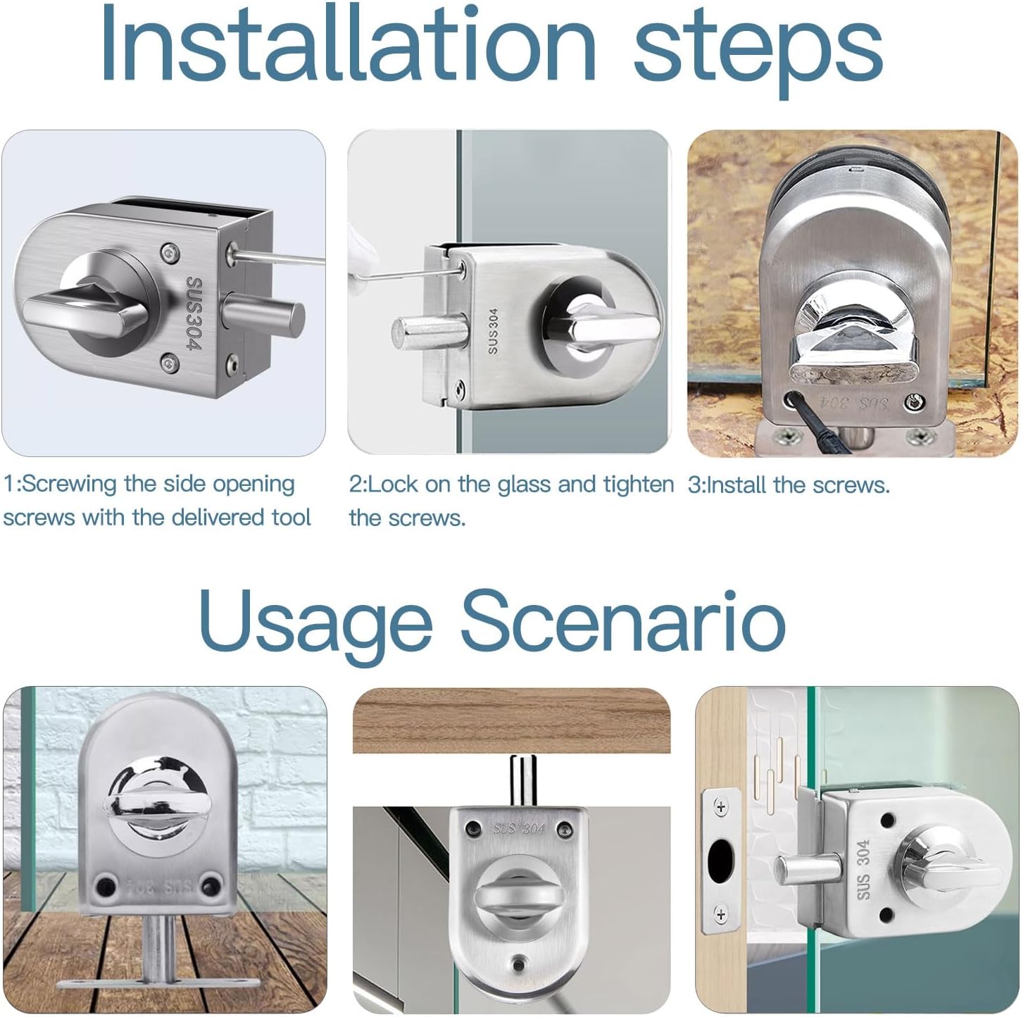 Secure Glass Door Lock - 039-047 Thick Black B105 No Drill Anti-Corrosion