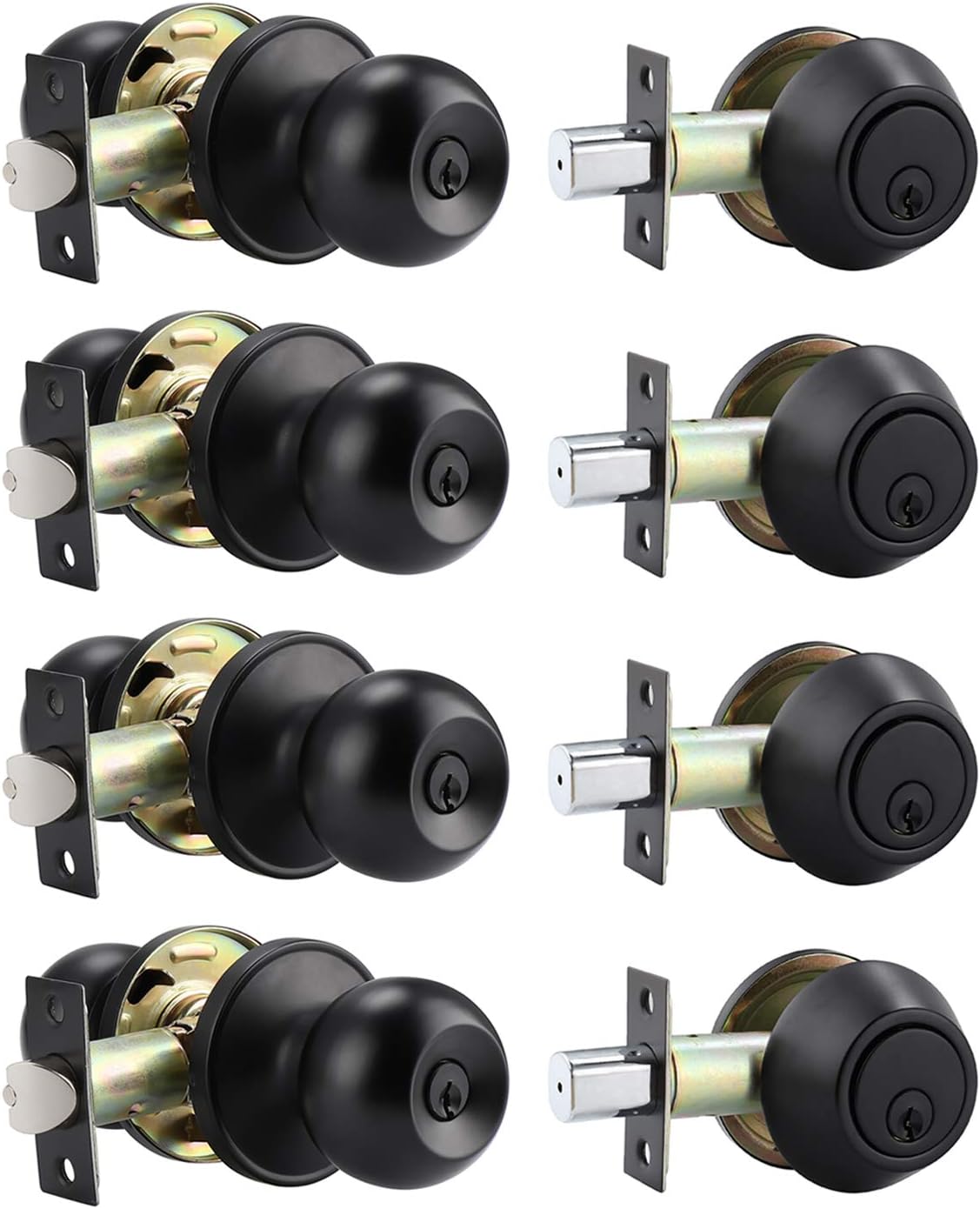 4-Piece Exterior Door Lock Set with 4 Knobs and 4 Deadbolts Flat Black Keyed Alike