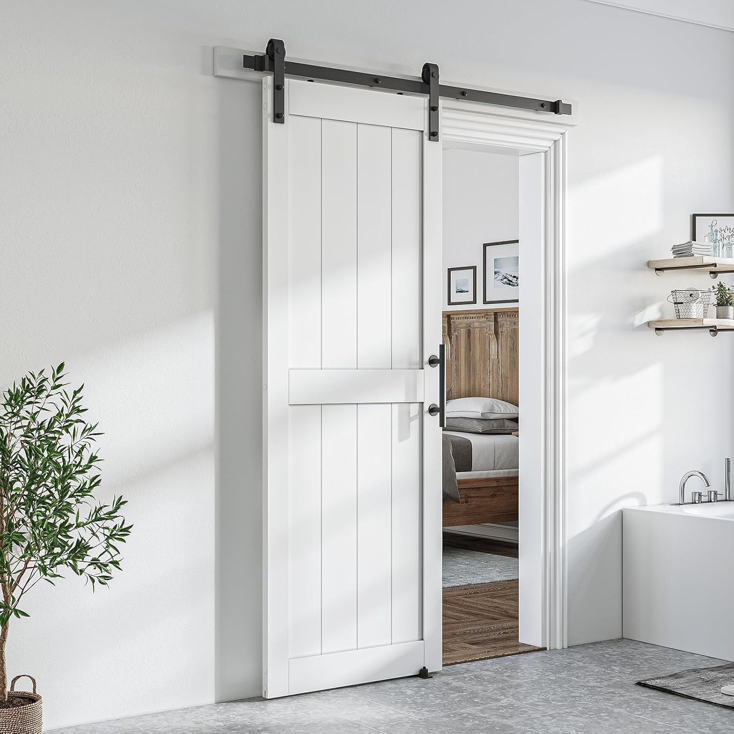 SmartStandard 30 x 84 inch White Sliding Barn Door with Hardware Kit and Handle