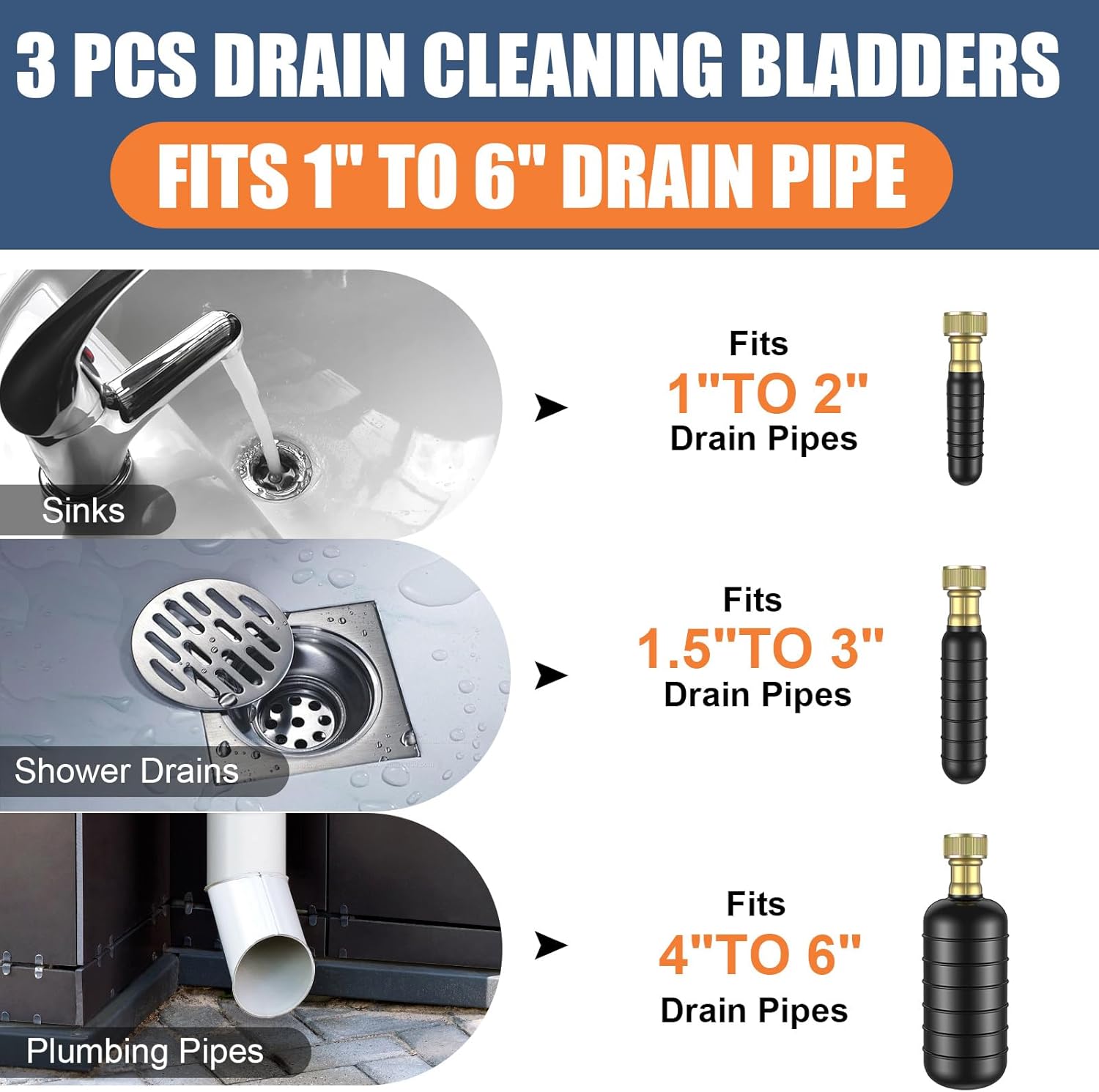 Points Fos lion compact 3 PC drain bladder set 1-6 size pipes rubber unblocker for multi use plumbing occasions drain