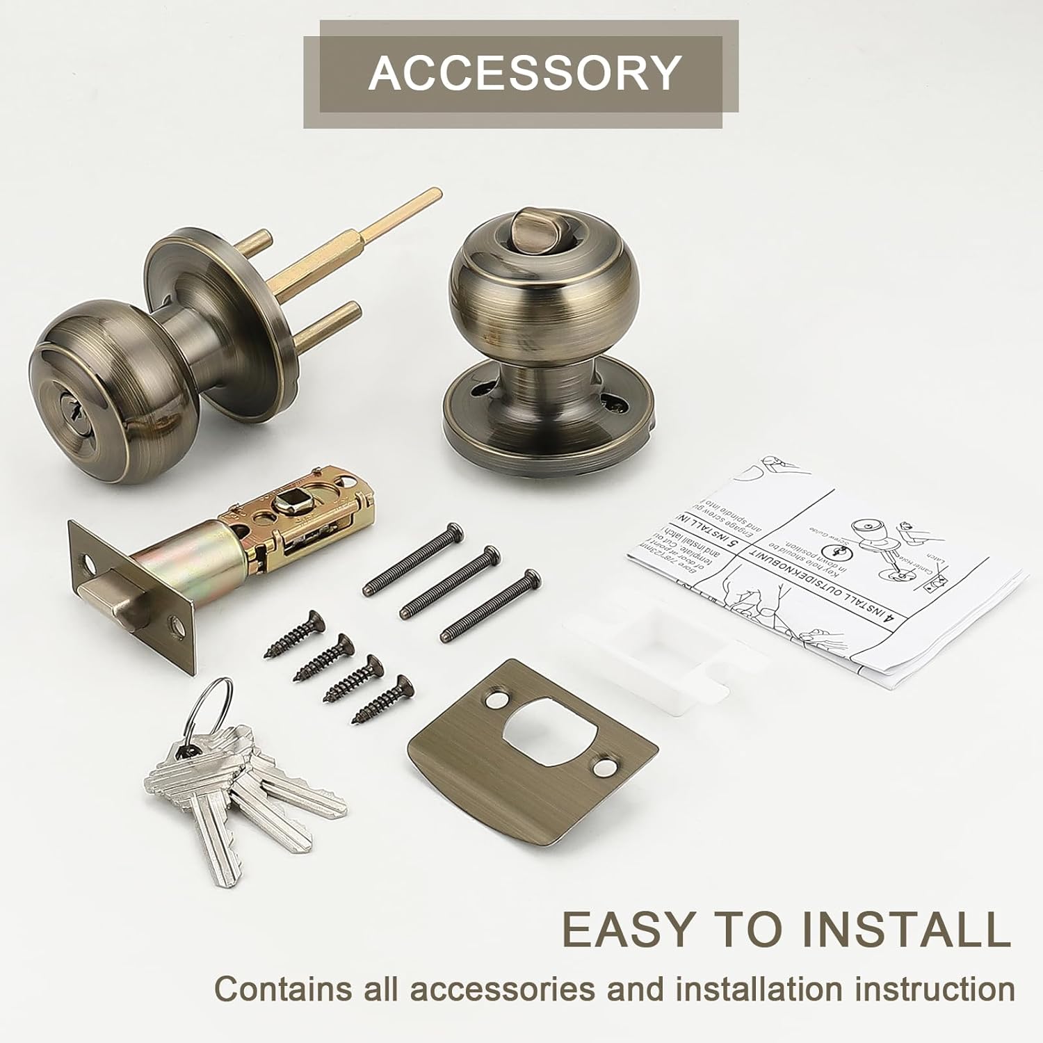 Probrico High-Quality Stainless Steel Door Knobs Set with Antique Brass Finish Keyed Entrance Lock Set