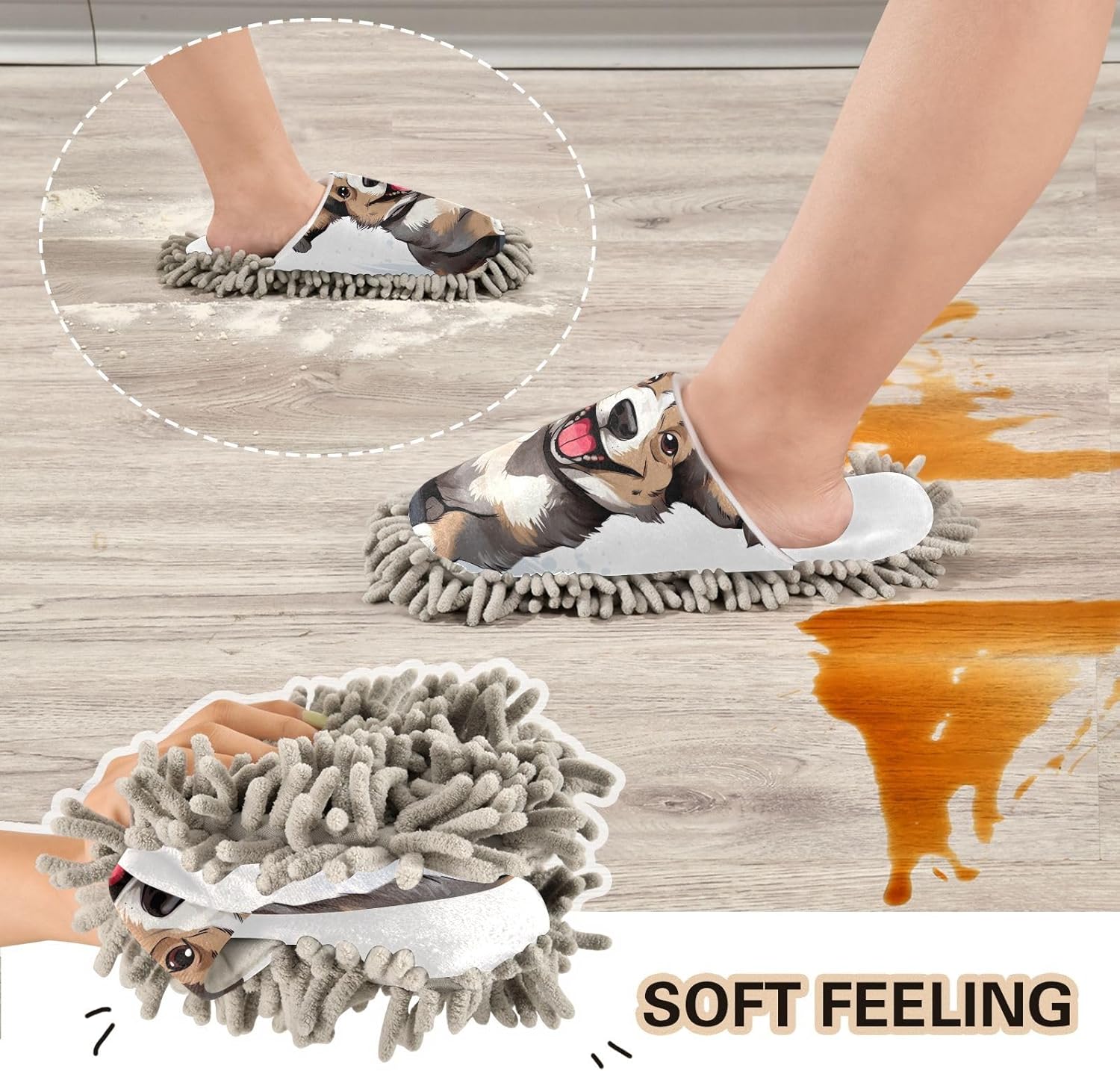 Mop in Style No Mess Required - White Corgi Mop Slippers - Safe for Floors Easy to Use