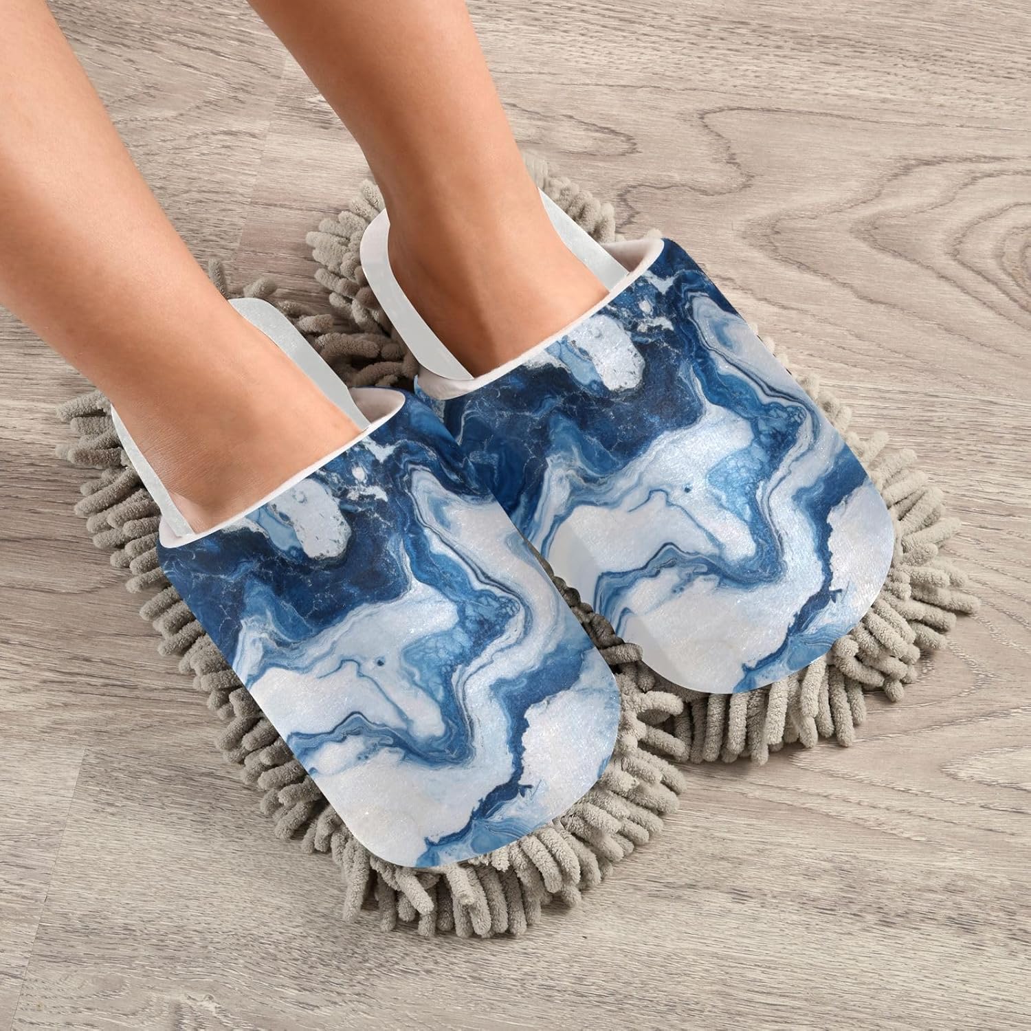 Burbuja Pure Marble Blue and White Mop Slippers for Fast Dust Mopping Washable and Quiet