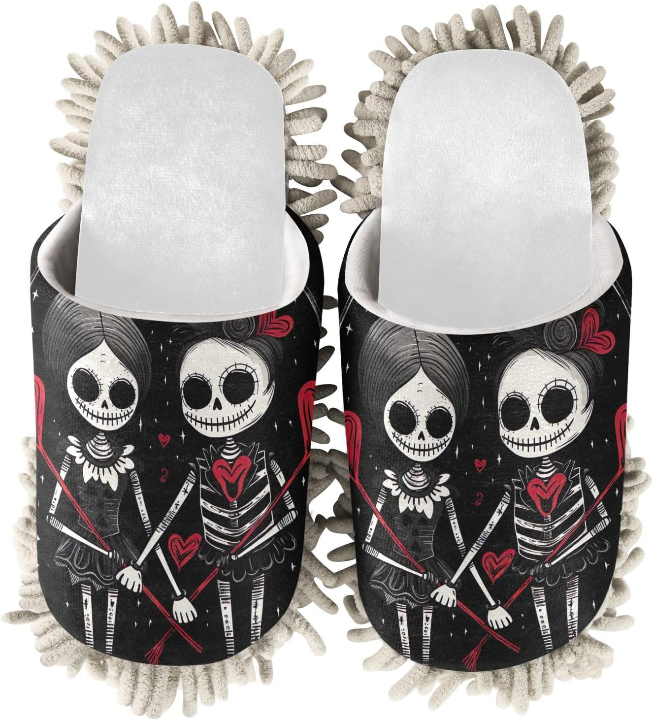 White Gothic Skeleton Couples Hearts Mop Slippers for Women Men Dirt Cleaning Tool
