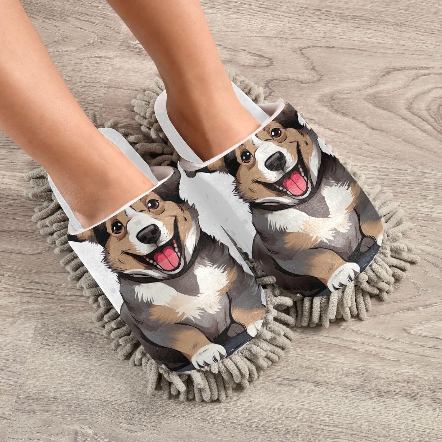 Mop in Style No Mess Required - White Corgi Mop Slippers - Safe for Floors Easy to Use