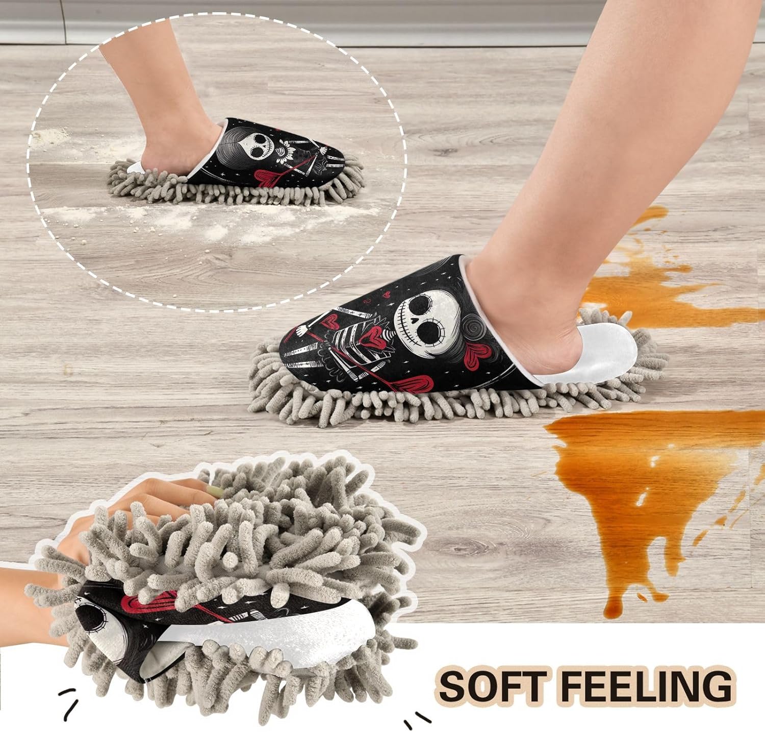 White Gothic Skeleton Couples Hearts Mop Slippers for Women Men Dirt Cleaning Tool