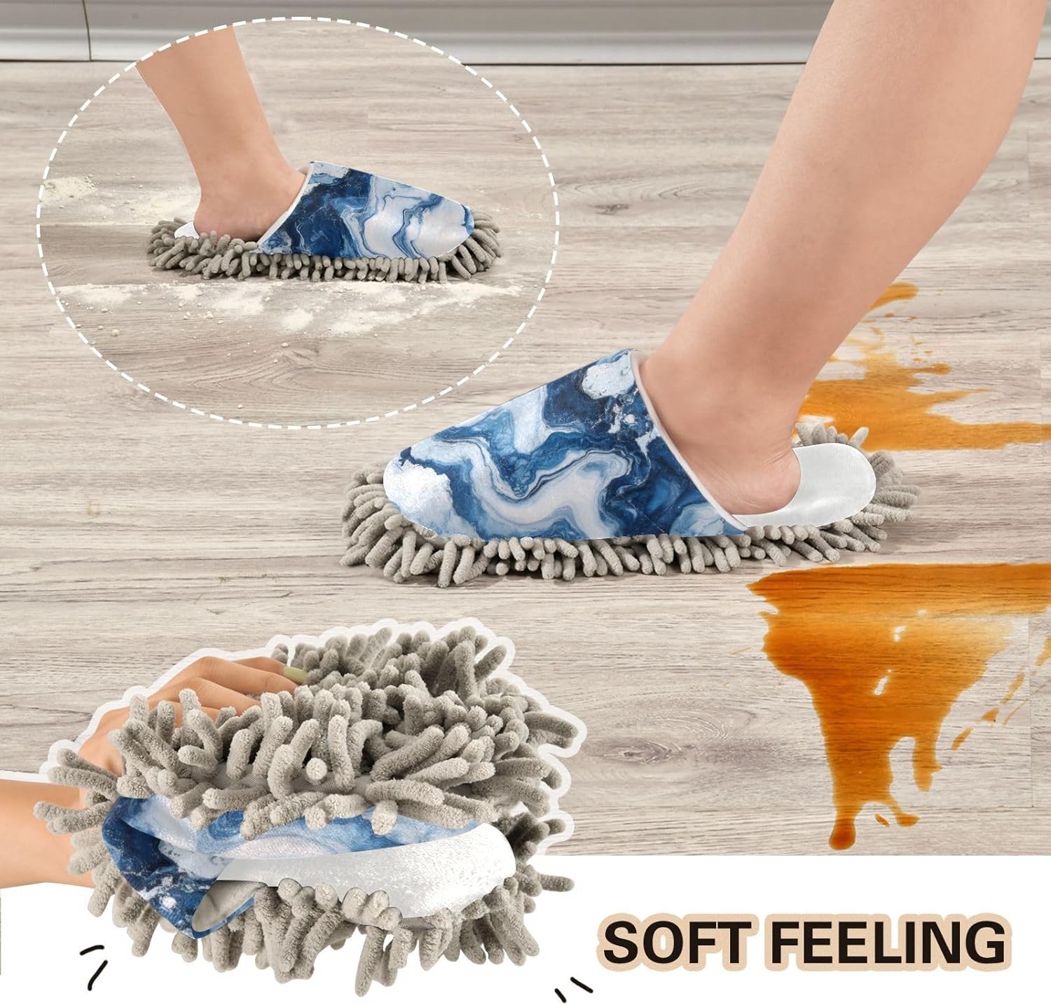 Burbuja Pure Marble Blue and White Mop Slippers for Fast Dust Mopping Washable and Quiet