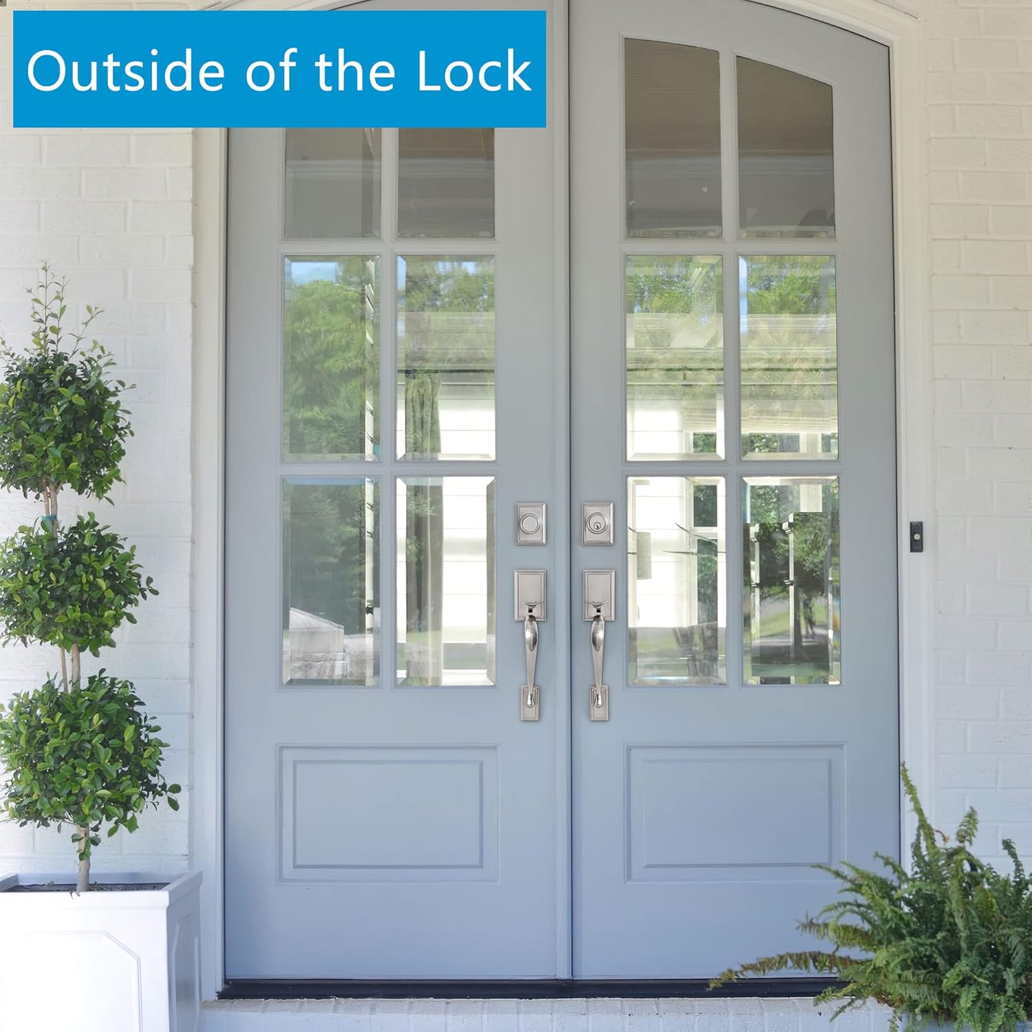 Double Door Lock Set Entry Door Lock Set Curved Straight Handles Satin Nickel Finish