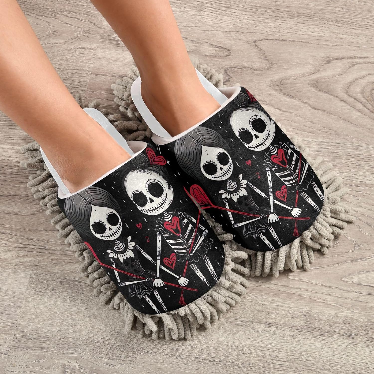 White Gothic Skeleton Couples Hearts Mop Slippers for Women Men Dirt Cleaning Tool