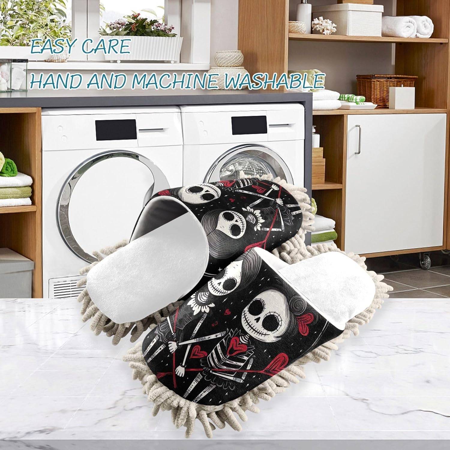 White Gothic Skeleton Couples Hearts Mop Slippers for Women Men Dirt Cleaning Tool