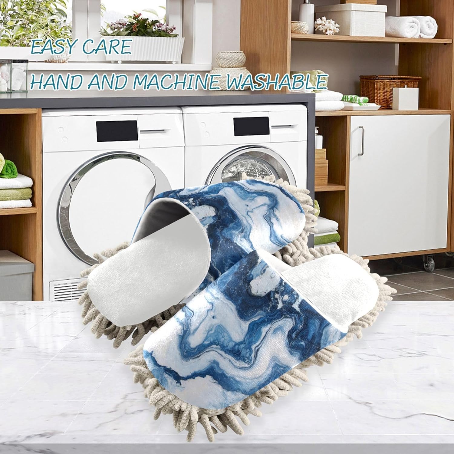 Burbuja Pure Marble Blue and White Mop Slippers for Fast Dust Mopping Washable and Quiet